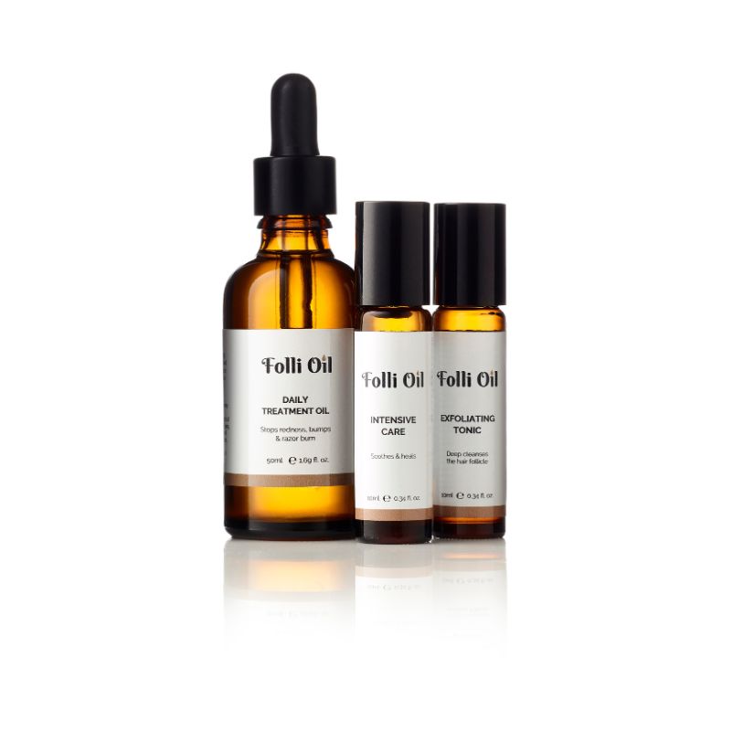 Product duo: Daily Treatment Oil and Emergency Fix shown together, offering complete calm for irritated skin.