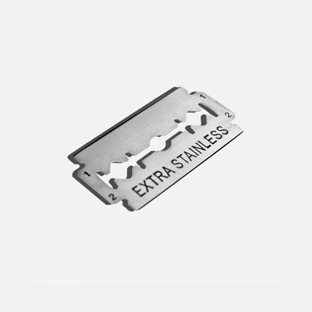 Close-up of stainless steel razor blade refill – fits standard safety razors.